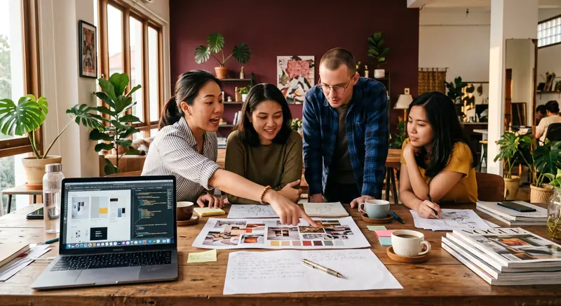 The Aexo team discussing a project around a table in the studio